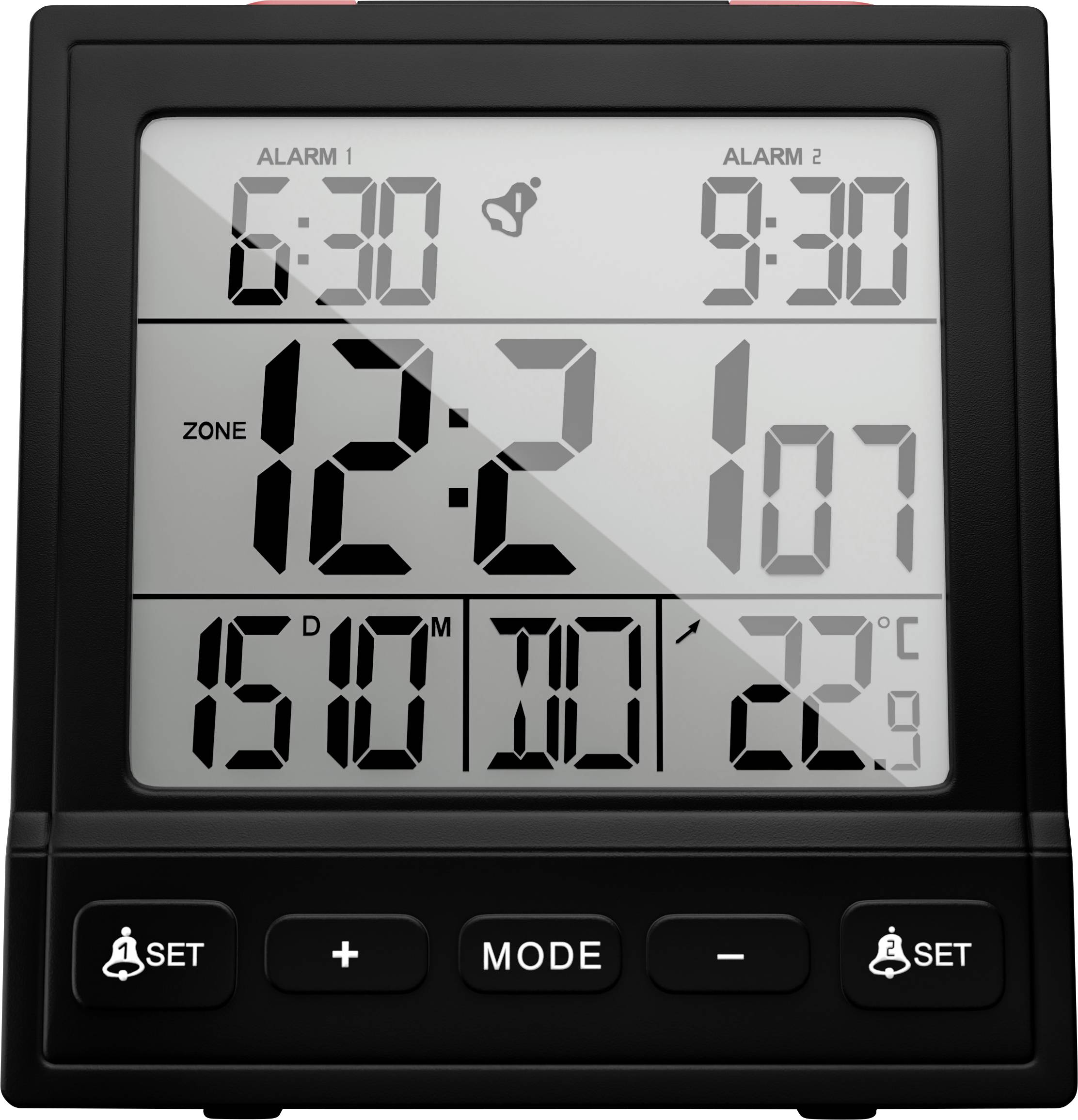 Digitální budík zobrazující aktuální čas '12:21 odpoledne', s nastavenými časy buzení '6:30' a '9:30'. Teplota ukazuje '22°C'.