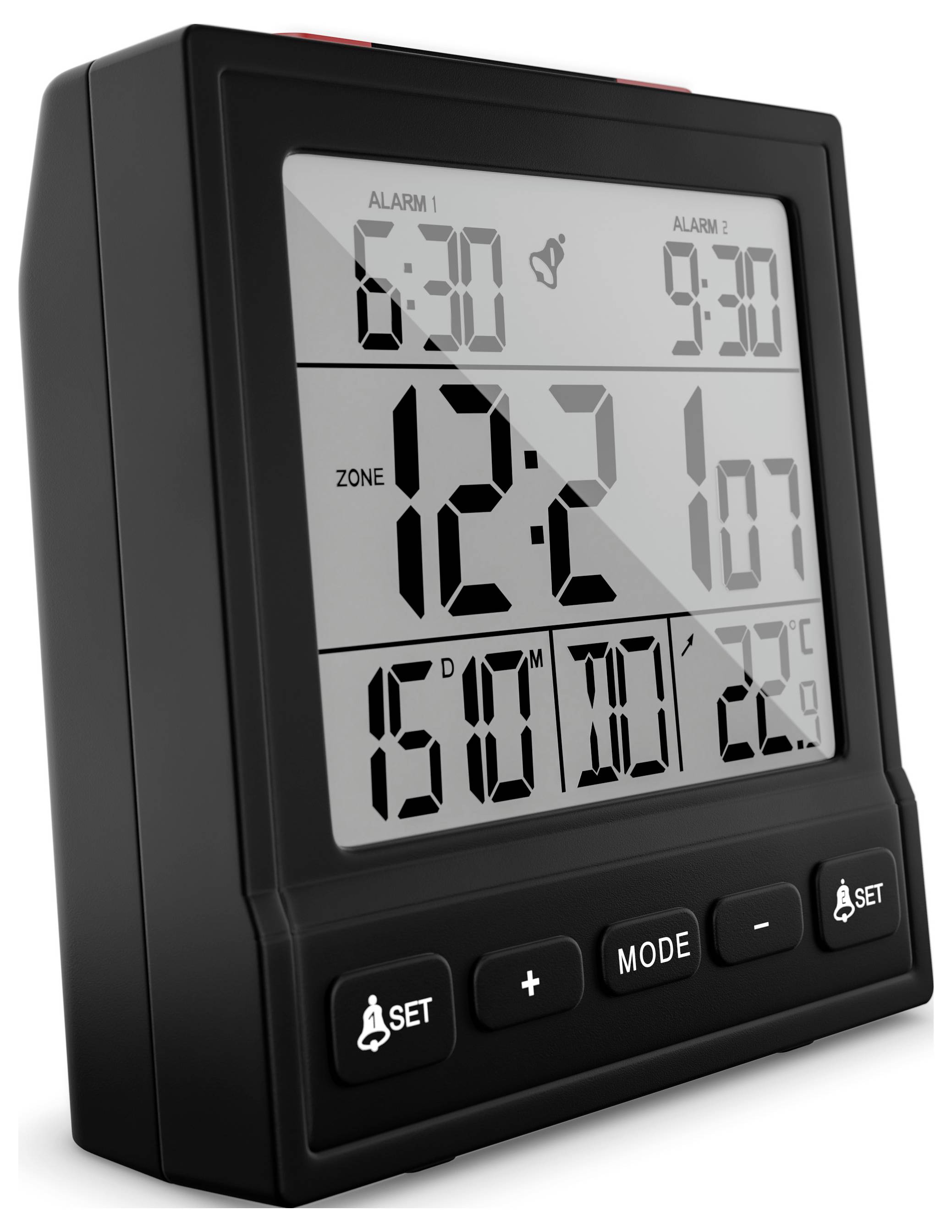 Digitální budík zobrazující čas '12:21', se dvěma aktivními alarmy nastaveným na '6:30' a '9:30'. Teplota je zobrazena jako '27°C'.