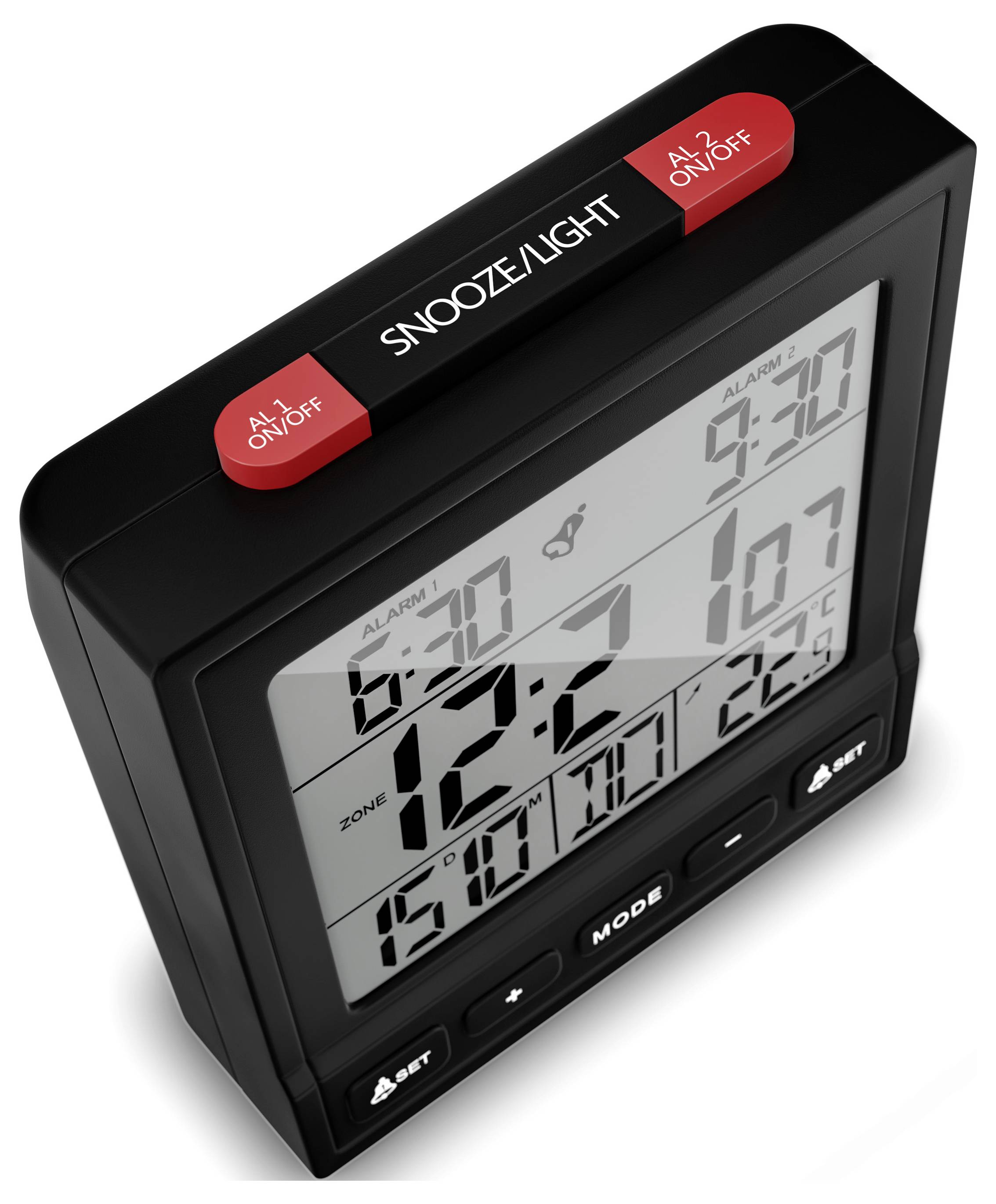 Digitální budík se sníženým/světelným tlačítkem nahoře. Displej zobrazuje čas 12:12, datum 22/11 a teplotu 19,7 °C.