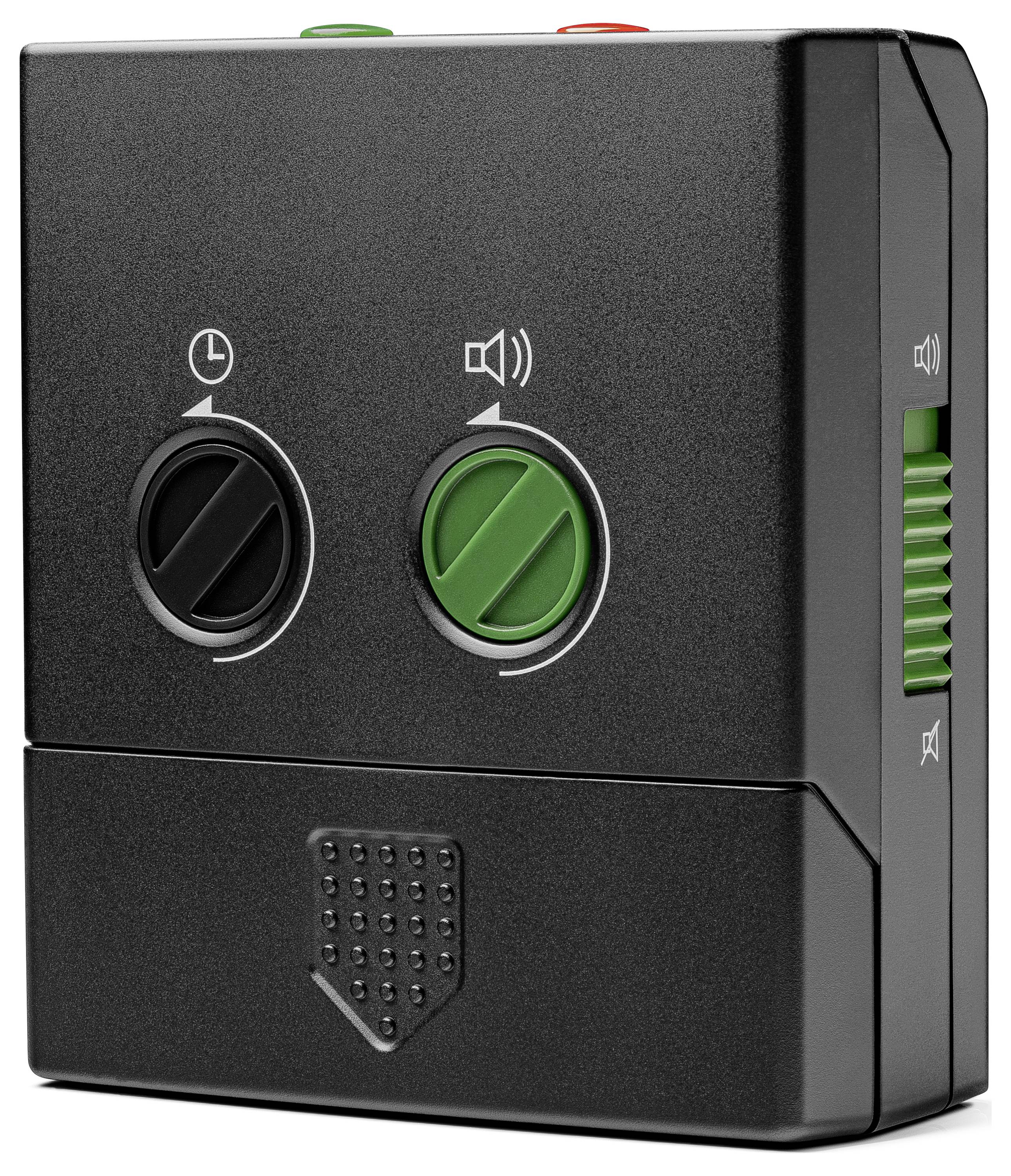 Černý elektronický přístroj se dvěma ovladači s ikonami indikujícími časovač a ovládání hlasitosti a bočním posuvníkem pro ztlumení.