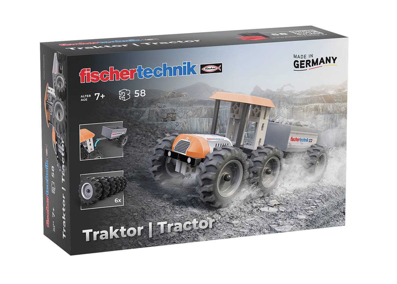 Stavebnice modelu traktoru 'Fischertechnik' s vyobrazeným sestaveným traktorem na skalnatém terénu, vhodná pro děti od 7 let, obsahuje 58 dílů, vyrobeno v Německu.