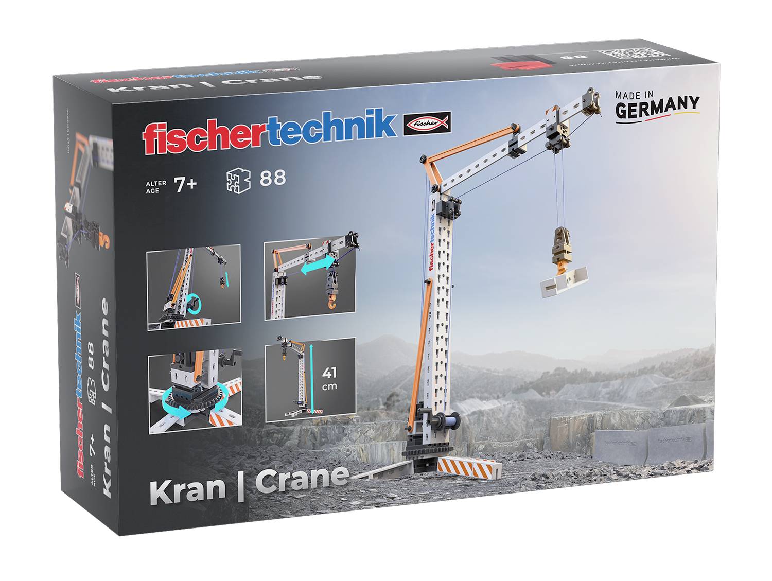 Obrázek ukazuje krabici stavebnice 'fischertechnik Jeřáb', vhodné pro děti od 7 let. Obsahuje 88 dílků.