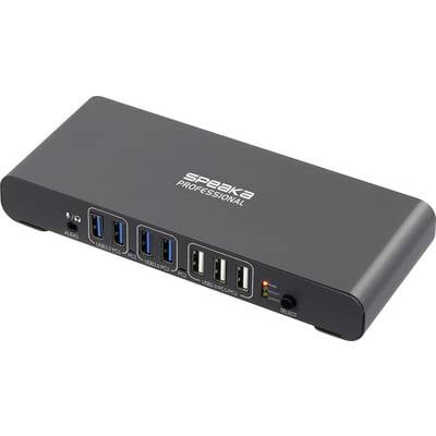 Černý USB přepínač rozbočovač se šesti porty označenými 'USB 3.0 PC1', 'USB 3.0 PC2', 'USB 3.0 PC3', 'USB 2.0 PLC/PC4' a 3,5mm audio zdířkou.