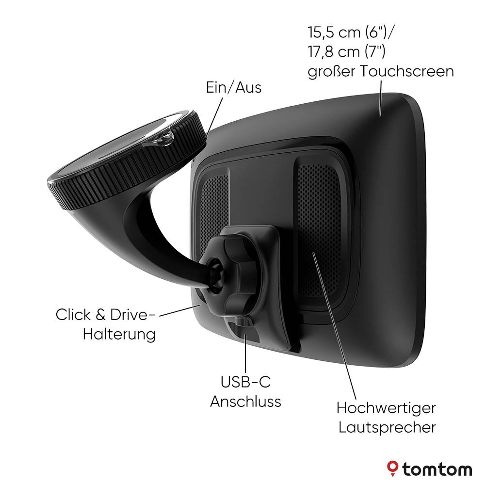 Navigační zařízení GPS s velkým dotykovým displejem a funkcemi, jako je vysoce kvalitní reproduktor, port USB-C a magnetický držák Click & Drive.