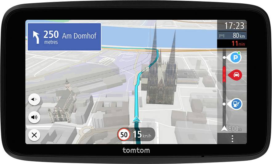 Obrazovka GPS přístroje zobrazuje 3D mapu s navigací na 'Am Domhof,' 250 metrů před vámi. Rychlostní limit je 50 km/h. Příjezd za 11 minut.