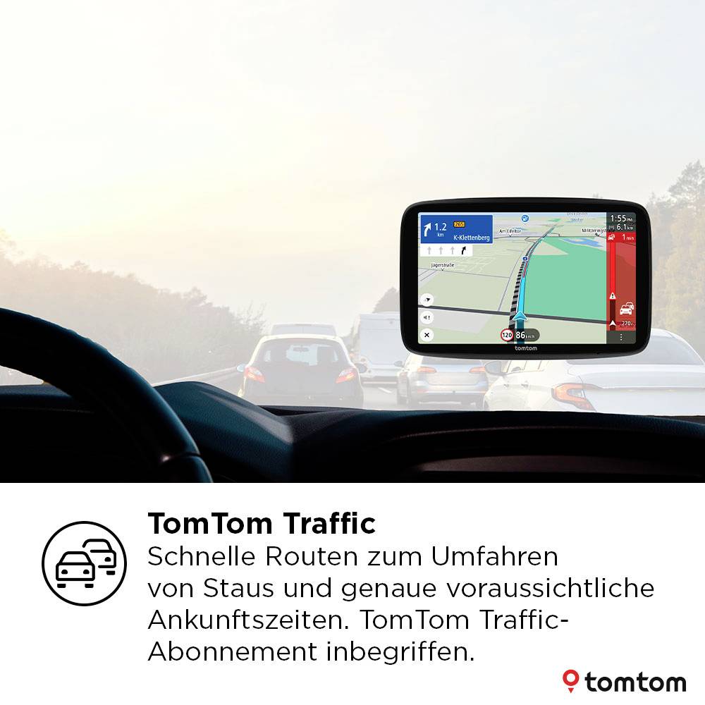 Navigační zařízení v autě zobrazuje mapu s dopravní zácpou na trase. Text zní: 'TomTom Traffic: Rychlé trasy pro objíždění dopravních kongescí.'