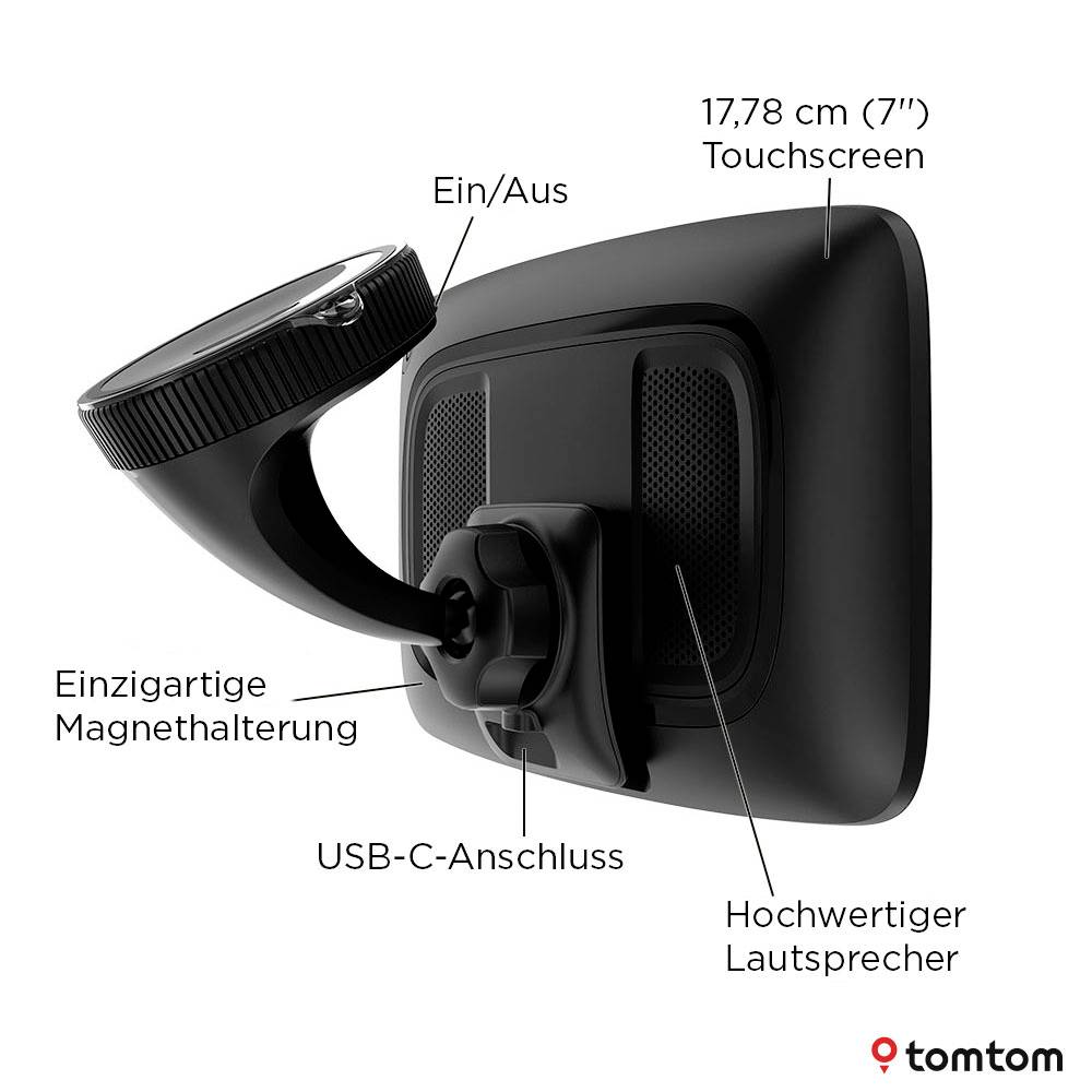 GPS navigace s 7palcovým dotykovým displejem, magnetickým uchycením, portem USB-C a vestavěným reproduktorem.