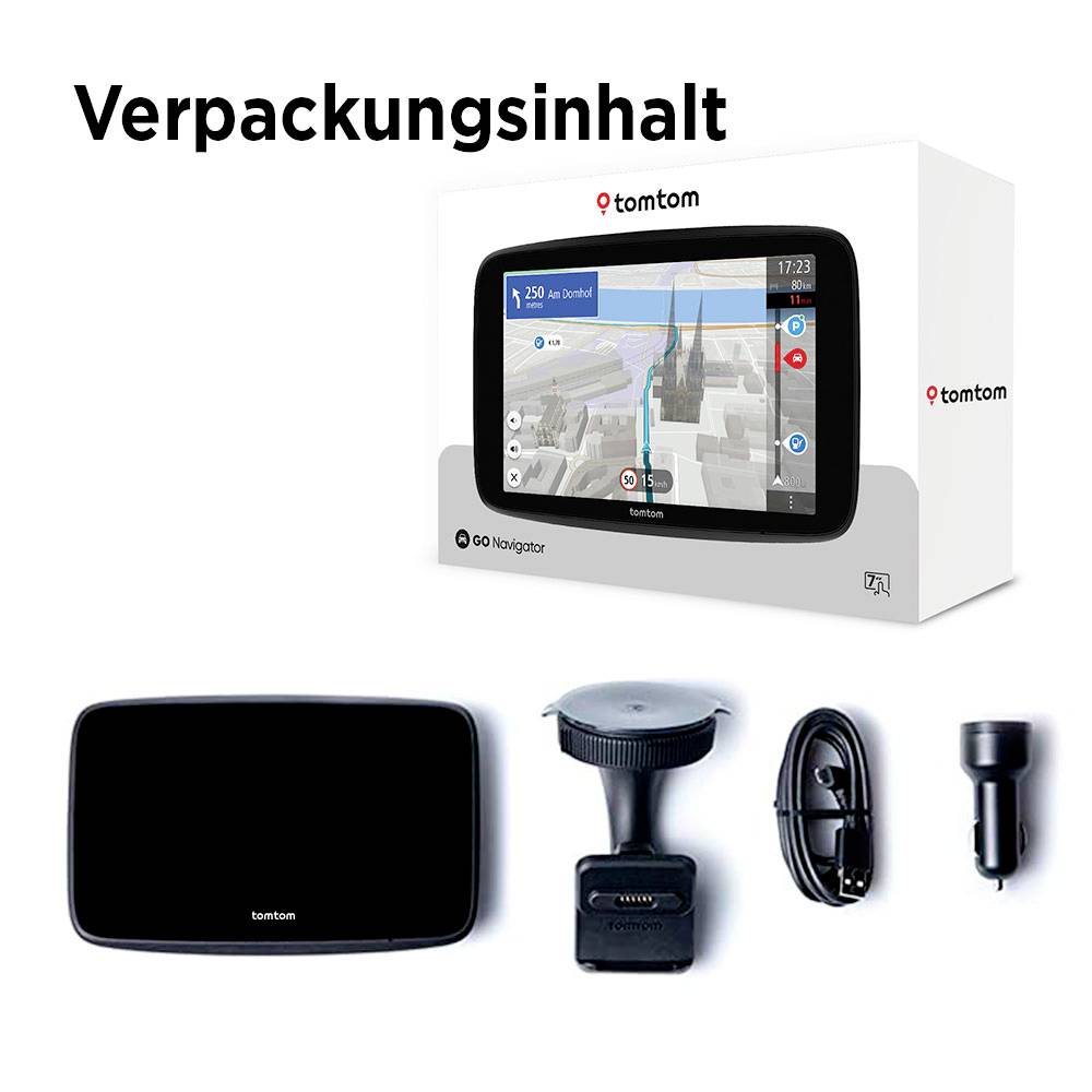 Obsah balení' zobrazuje navigaci TomTom GO Navigator v krabici s displejem s mapou, vedle samotného zařízení, držáku, kabelu a nabíječky do auta.