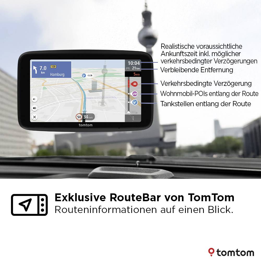 Navigace TomTom zobrazující Hamburg, očekávaný čas příjezdu 10:04 a vzdálenost 7,0. Obsahuje funkce jako informace o dopravních zpožděních a orientační body podél trasy.