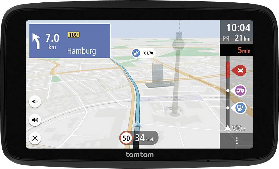Navigační obrazovka GPS ukazující trasu do Hamburku, zbývající vzdálenost 7 km, rychlostní limit 50 km/h a odhadovaný čas příjezdu 5 minut.