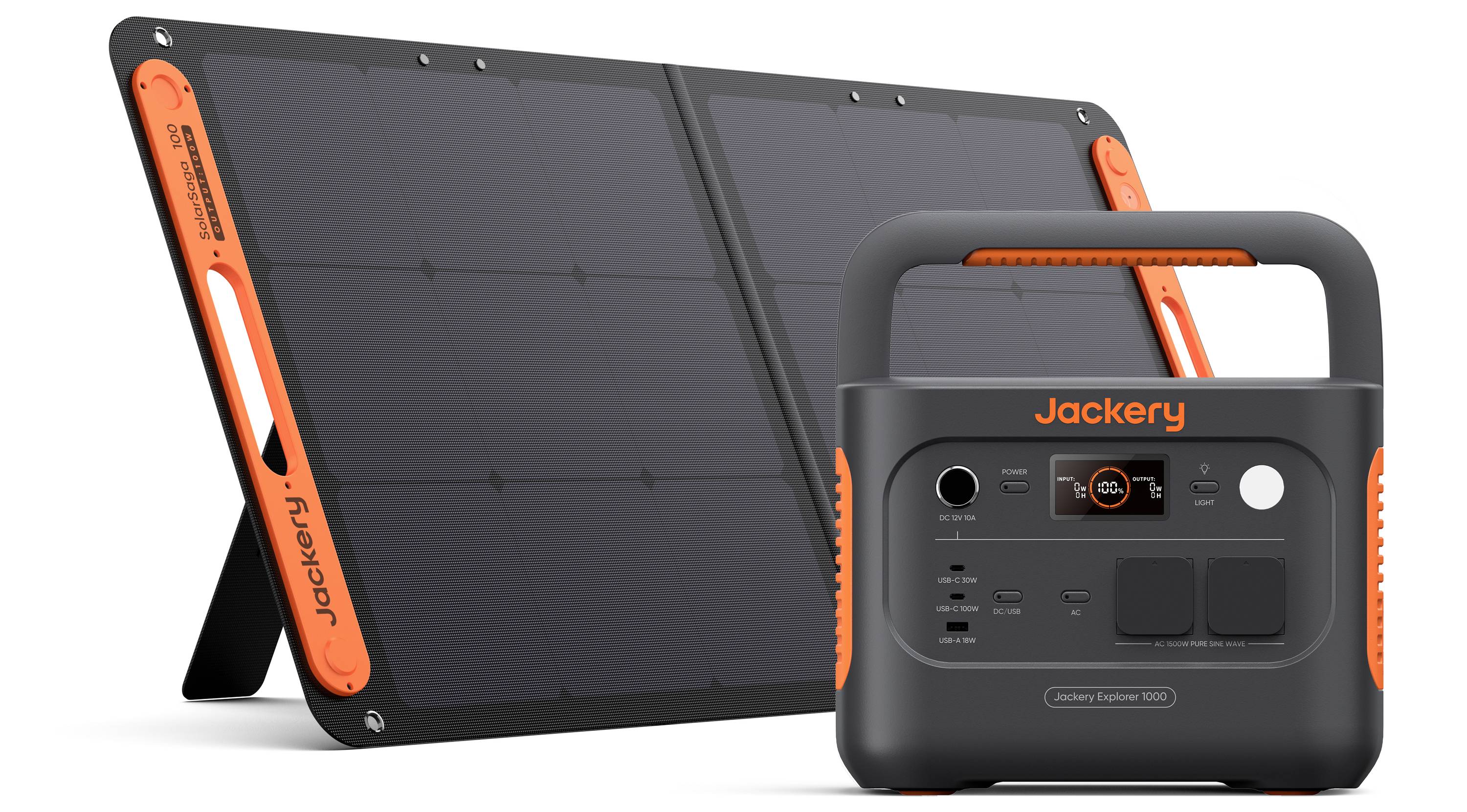 Přenosná solární panelová sestava s powerbankou Jackery. Solární panel je rozložený a stanice zobrazuje ovládací prvky a indikátory.