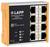 Černý ethernetový switch LAPP s osmi označenými porty, indikátory napájení a stavu, s bočním štítkem.