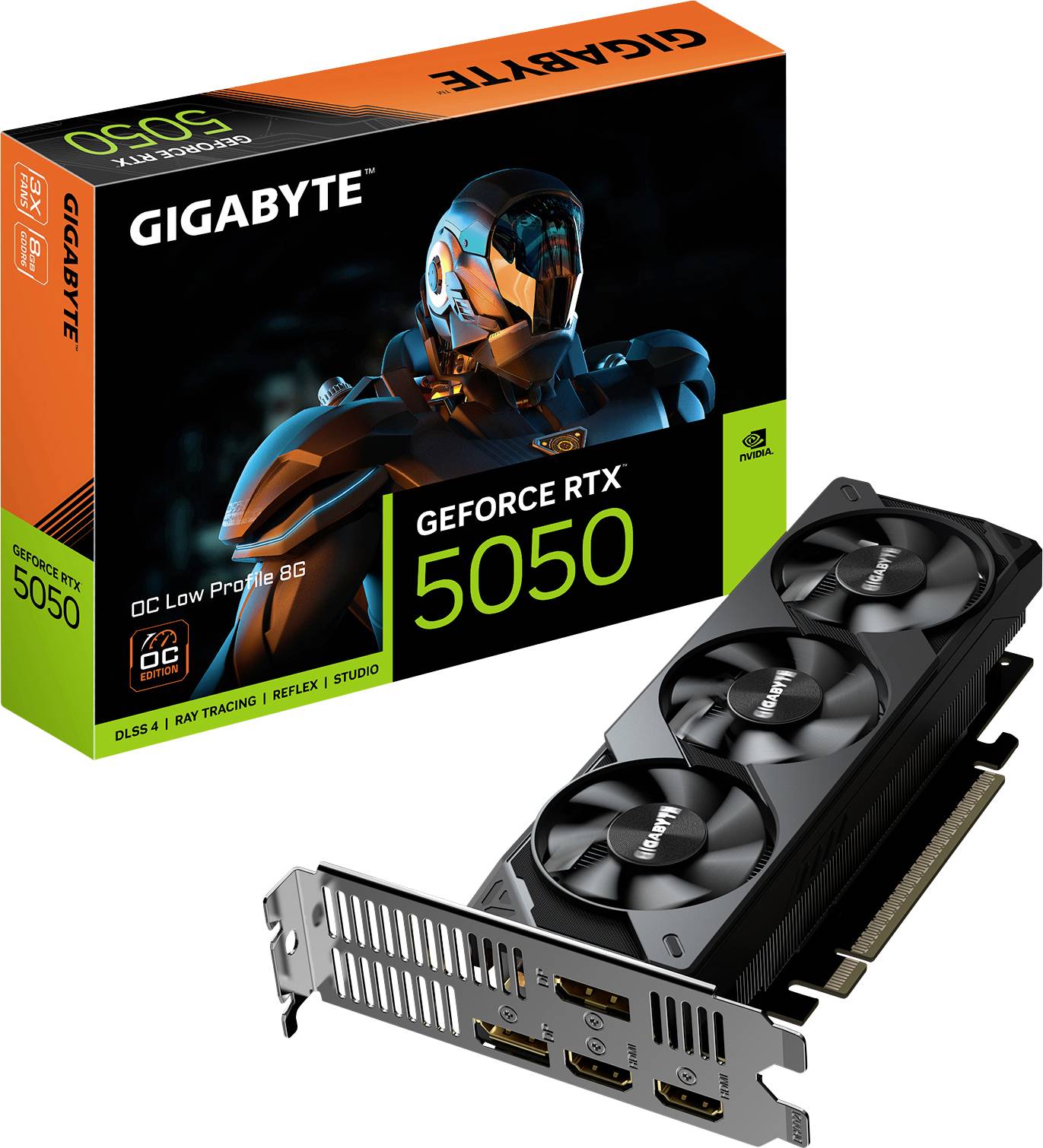 Grafická karta Gigabyte GeForce RTX 5050 se třemi ventilátory; krabice zobrazuje animovanou postavu a text 'DLSS 4 | Ray Tracing | Reflex | Studio'.