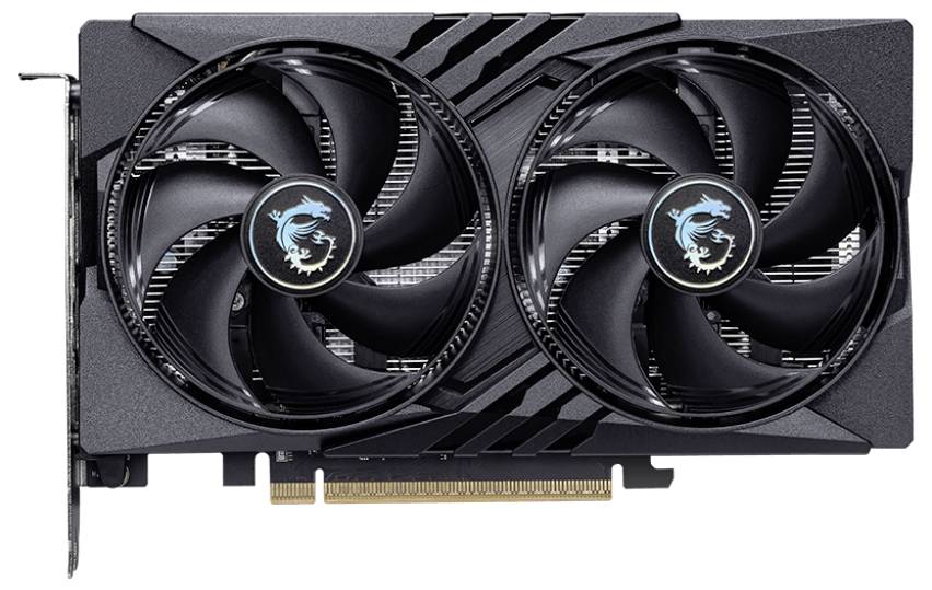 Černá grafická karta se dvěma velkými ventilátory s logem draka. Karta má elegantní design a viditelný PCI konektor ve spodní části.