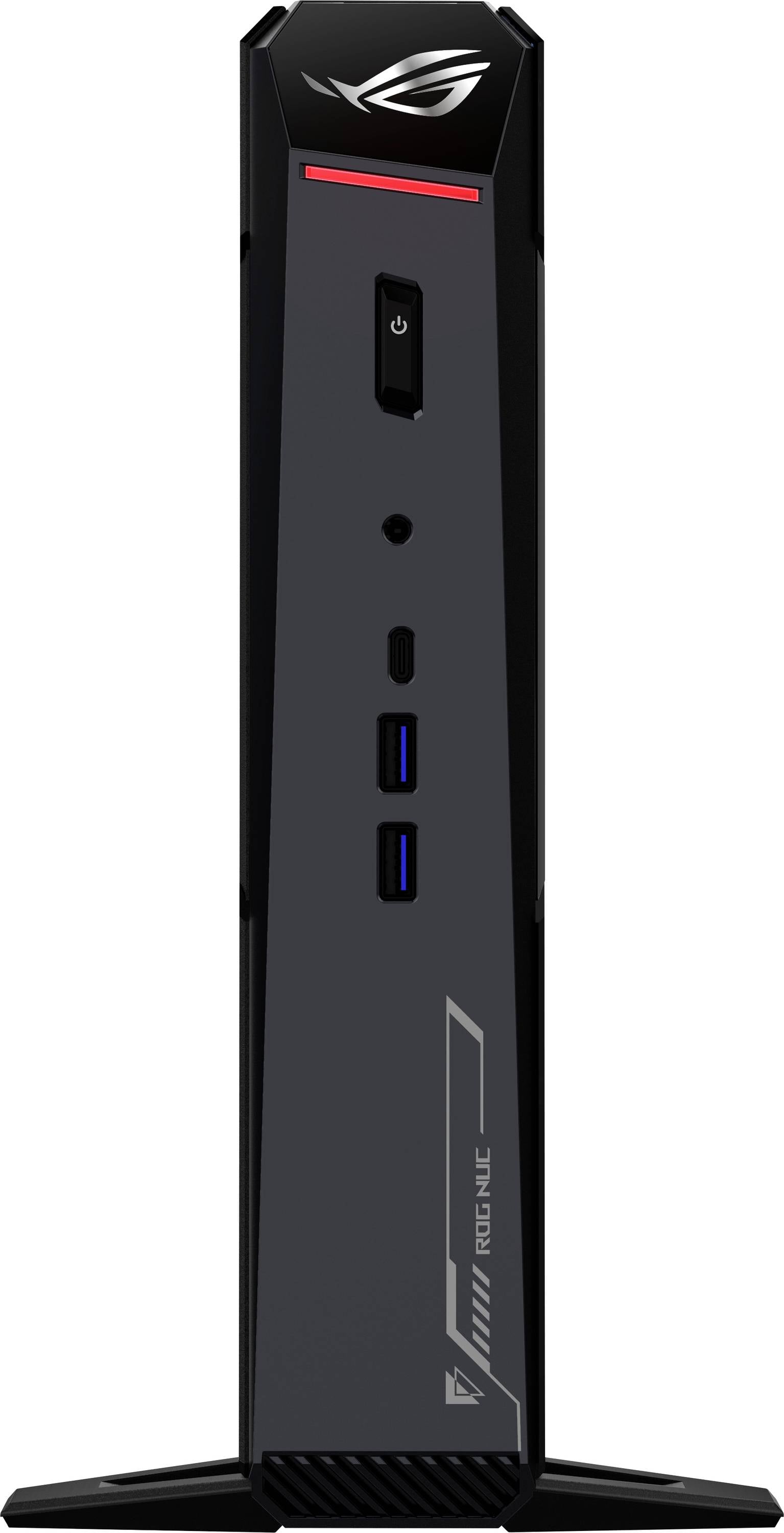 Elegantní černá herní konzole s tlačítkem napájení, USB porty a logem ROG, stojící vzpřímeně proti bílému pozadí.