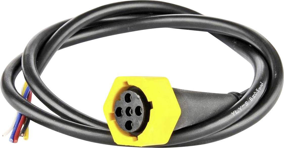 Vinutý kabel se žlutým šestipólový konektorem na jedné straně a exponovanými barevnými vodiči na druhé straně, určený pro elektrické připojení.