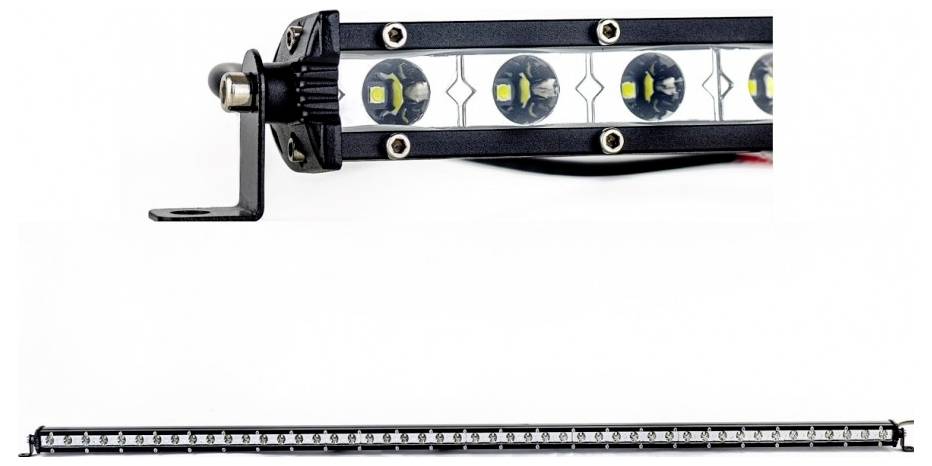 LED světelná lišta s držákem, s detailním pohledem na několik LED žárovek zblízka. Níže je viditelný celkový pohled na protáhlou světelnou lištu.