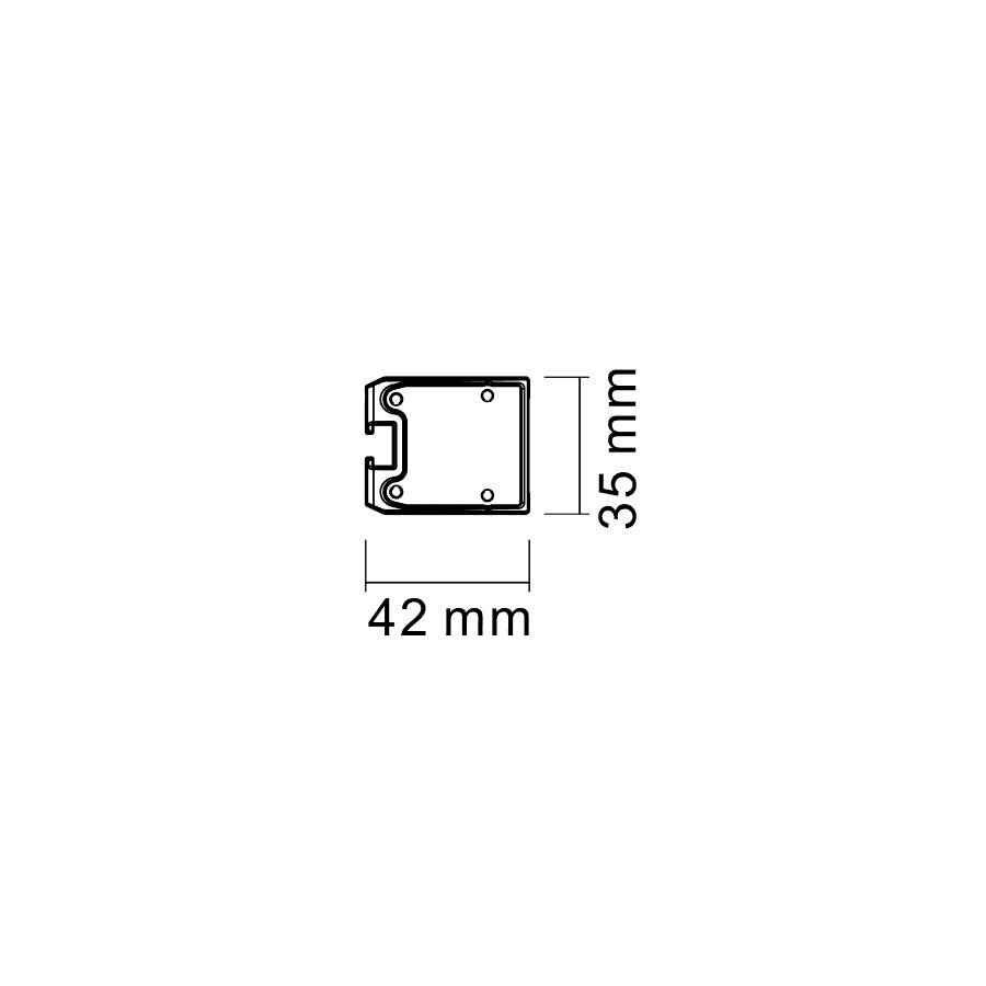 Technický výkres zobrazuje obdélníkový konzolový prvek o rozměrech: 42 mm široký a 35 mm vysoký, se čtyřmi otvory v rozích.