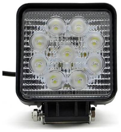 Čtvercové LED světlo s devíti malými kruhovými žárovkami v mřížce 3x3, umístěné v černém rámu a držáku.