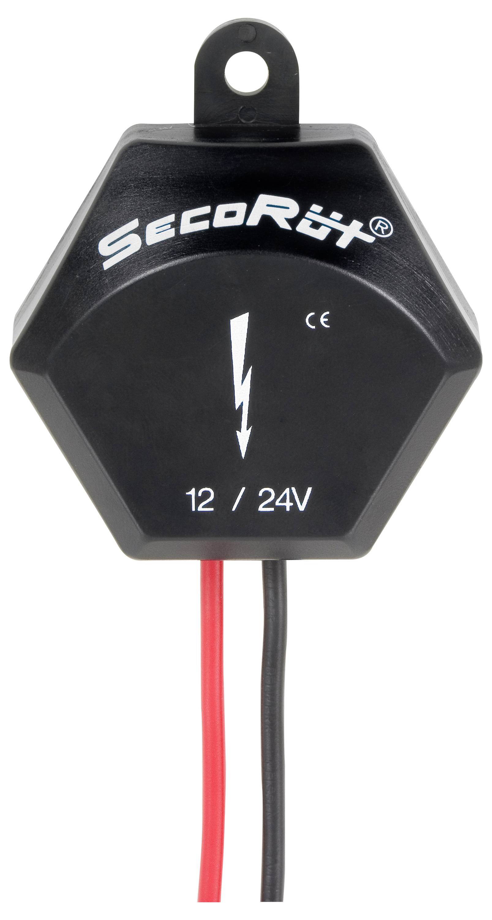Černé šestihranné elektronické zařízení označené "SECO Rüt" pro systémy 12/24V, s ikonou blesku, značkou CE a červenými a černými vodiči.