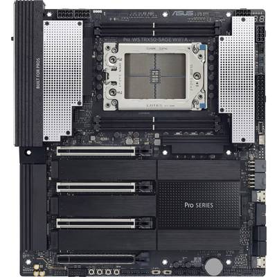 Základní deska ASUS Pro WS TRX50-SAGE WIFI II obsahuje několik PCIe slotů, slotů pro RAM a výrazný procesorový socket, navržená pro vysoce výkonné výpočetní systémy.
