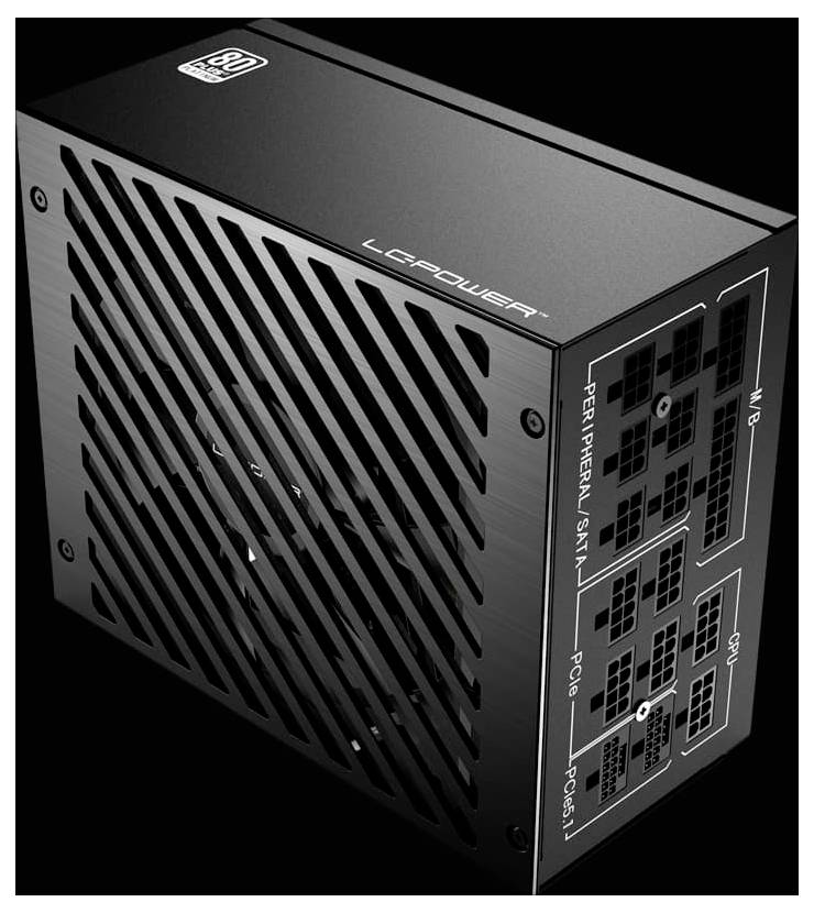 Černá napájecí jednotka s označenými porty včetně 'Peripheral', 'SATA', 'PCIe' a 'CPU'. Je značky 'LEPOWER' a certifikovaná '80 PLUS'.