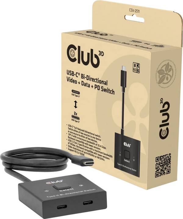 club3D CSV-2511  Přepínač USB-C® (USB 3.2 Gen 2) lze použít oboustranně, LED ukazatel