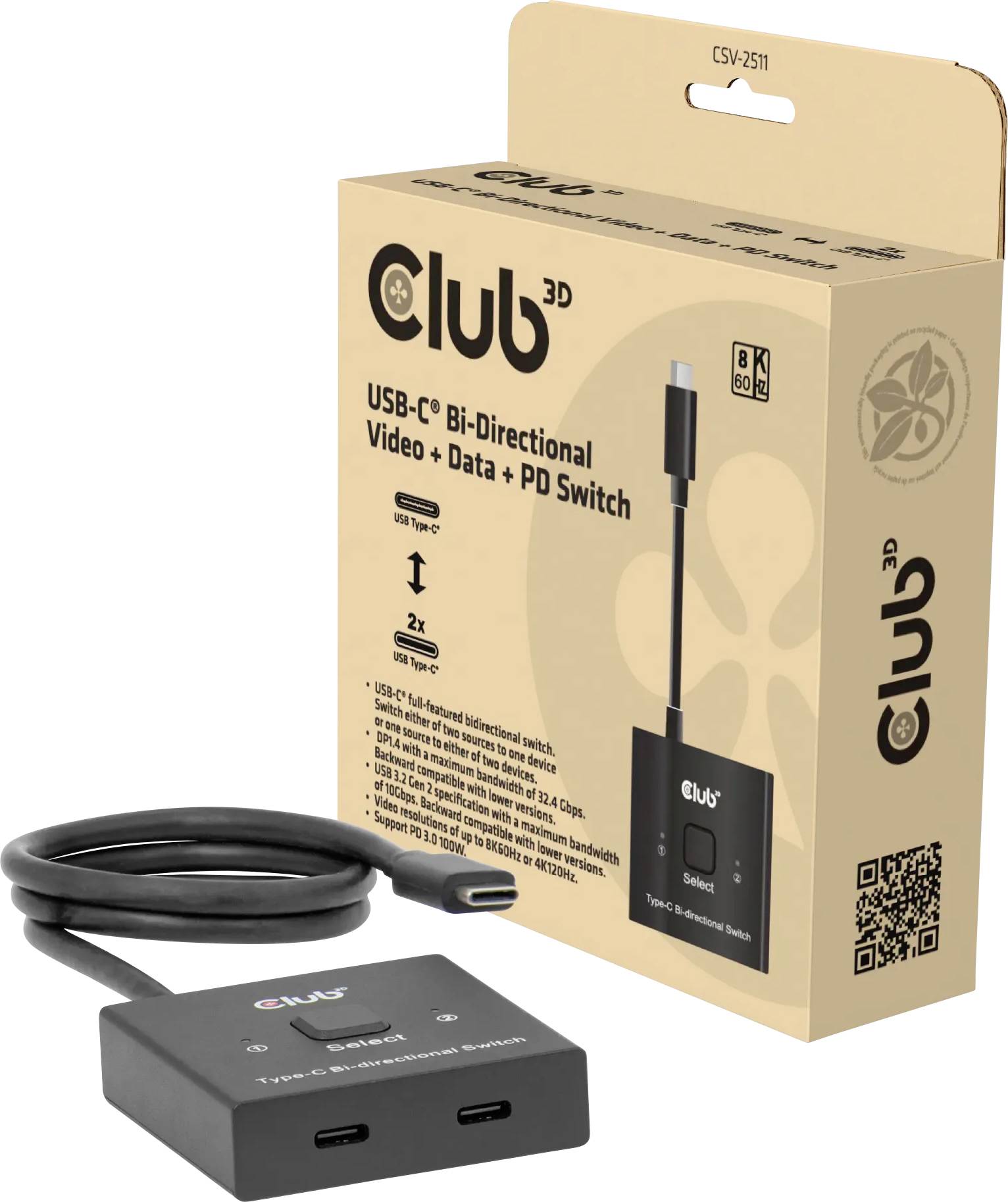 'Club 3D USB-C obousměrný video + data + PD přepínač' obal a přepínací zařízení se dvěma USB-C porty a propojovacím kabelem.