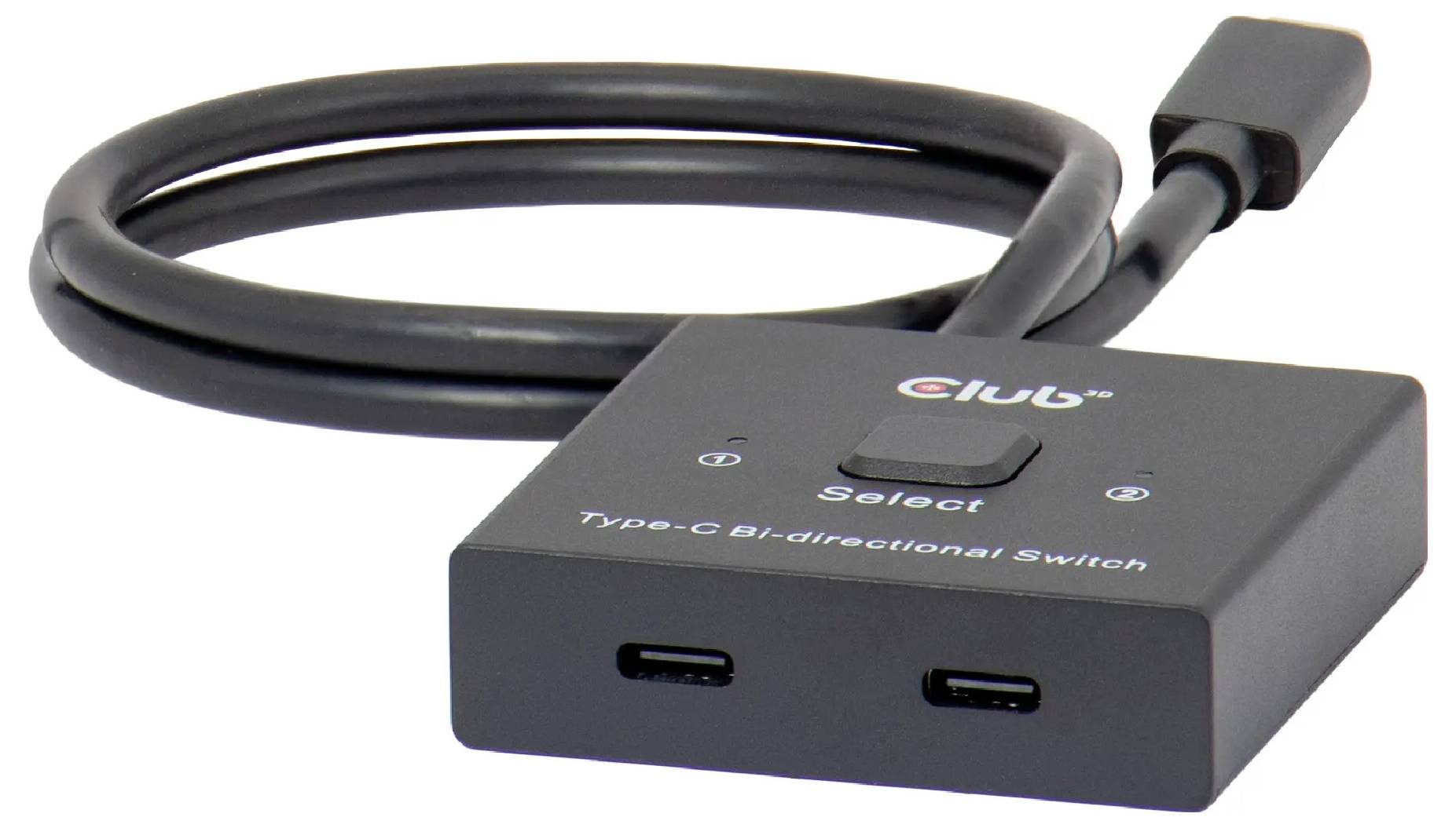 Přepínač typu C s obousměrným přepínáním, který disponuje dvěma USB-C porty a tlačítkem 'Select' pro přepínání připojení mezi zařízeními.