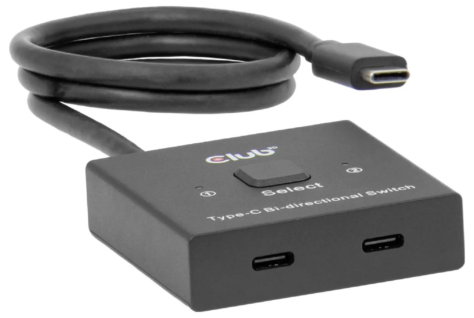 Zařízení 'Obousměrný přepínač typ-C' se dvěma porty USB-C a výběrovým tlačítkem, které slouží k přepínání mezi vstupy nebo výstupy.
