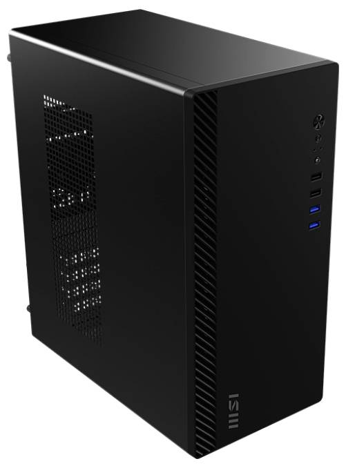 Elegantní černá počítačová skříň s několika USB porty a větracími otvory, navržená pro efektivní výkon a chlazení.