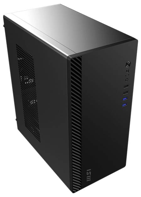 Štíhlý černý stolní počítač s průsvitným síťovaným bočním panelem pro ventilaci a předními USB porty.