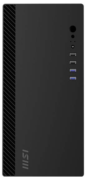 Elegantní černá desková věž s porty USB a vypínačem na předním panelu. Vertikální pruhy dodávají jemný designový prvek.