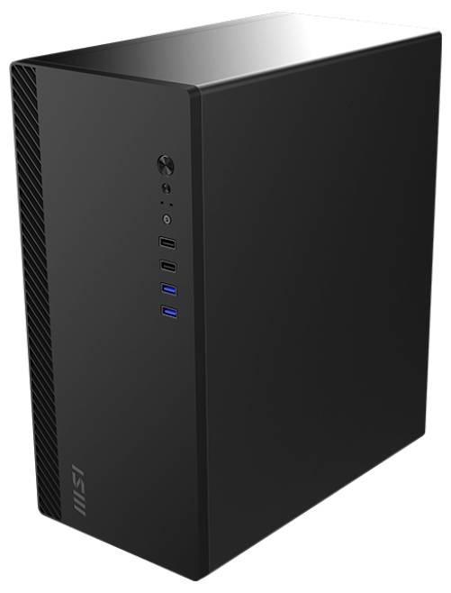 Elegantní, moderní černá skříň stolního počítače s čelně umístěnými USB porty a vypínačem na předním panelu.