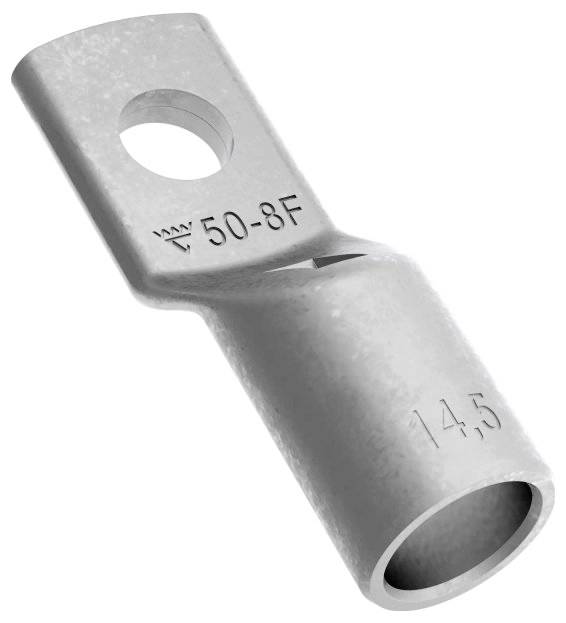 Kovový nástavec s kulatým otvorem s vytlačenými čísly '50-8F' na jedné straně a '14,5' na straně druhé, používaný pro elektrické kabelové spoje.