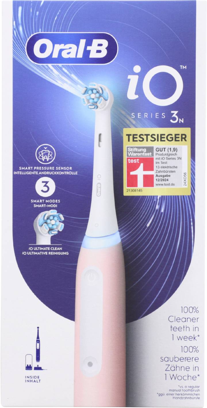 Elektrický zubní kartáček 'Oral-B iO Series 3', který nabízí chytré režimy, tlakový senzor, dva kartáčové nástavce a slibuje 100% čistější zuby během týdne.