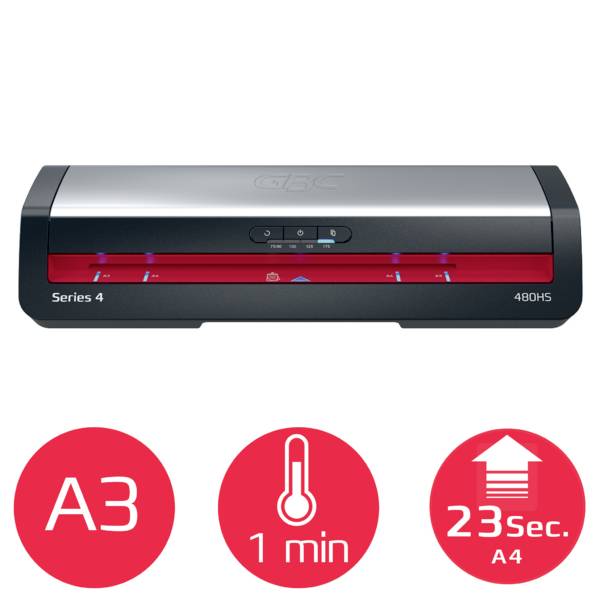 Stříbrný a červený laminátor označený jako "Series 4 480HS" s vlastnostmi: podporuje formát A3, zahřeje se za 1 minutu, laminuje formát A4 za 23 sekund.