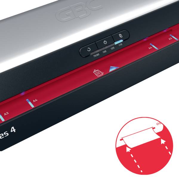Laminátor GBC s automatickým nastavením pro různé formáty papíru. Obsahuje ikonu označující správný směr vkládání dokumentu.
