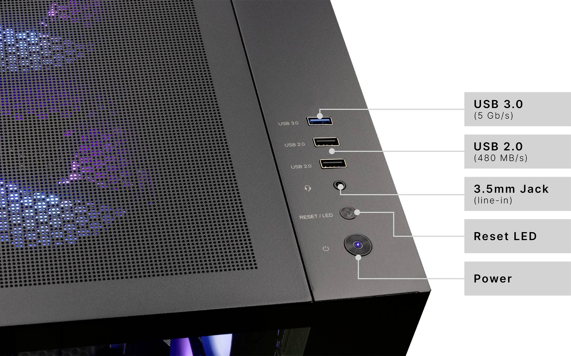 Přední panel počítačové skříně zobrazující porty USB 3.0 a 2.0, 3,5mm audio konektor, LED tlačítko resetování a napájecí tlačítko.