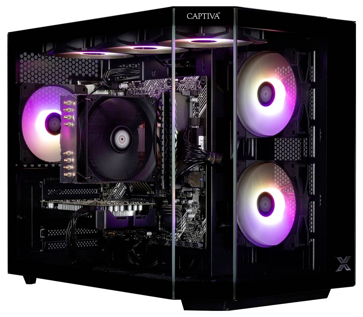Herní počítačová skříň zobrazující vnitřní komponenty s barevným RGB osvětlením, včetně ventilátorů a viditelného uspořádání základní desky.
