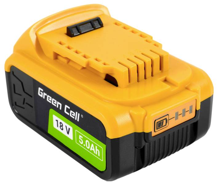 Oranžovo-černý akumulátor pro elektrické nářadí s nápisem 'Green Cell 18V 5.0Ah', vybavený indikátorem nabití se čtyřmi segmenty.