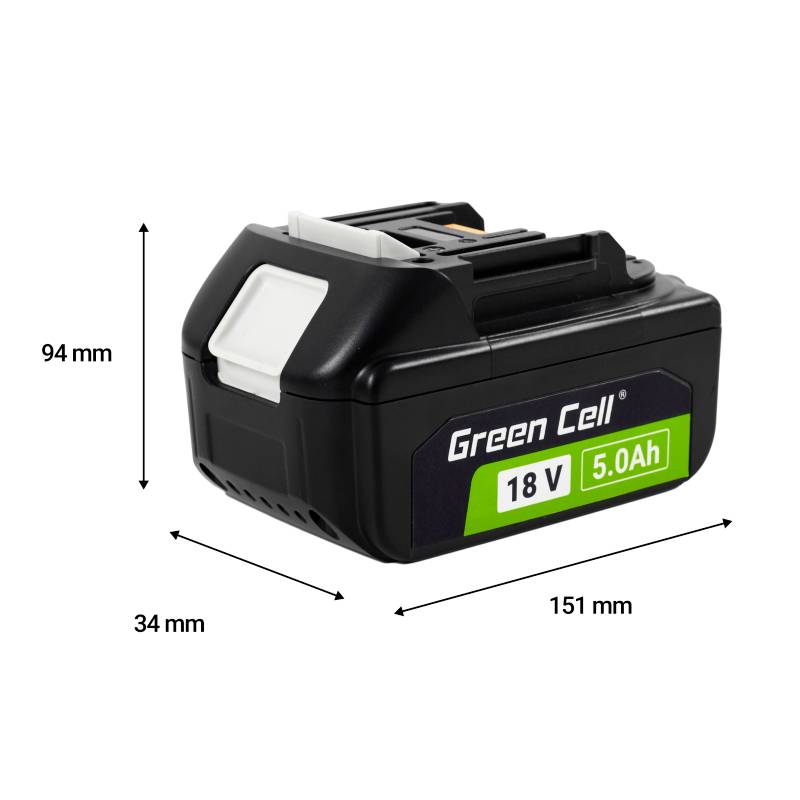 Černý dobíjecí akumulátor Green Cell 18V 5.0Ah s rozměry: 94 mm vysoký, 151 mm dlouhý a 34 mm široký.