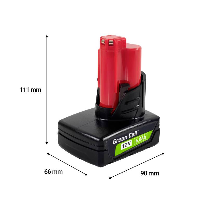 Červená a černá baterie označená „Green Cell 12V 6.0Ah" s rozměry: 111 mm výška, 66 mm hloubka a 90 mm šířka.