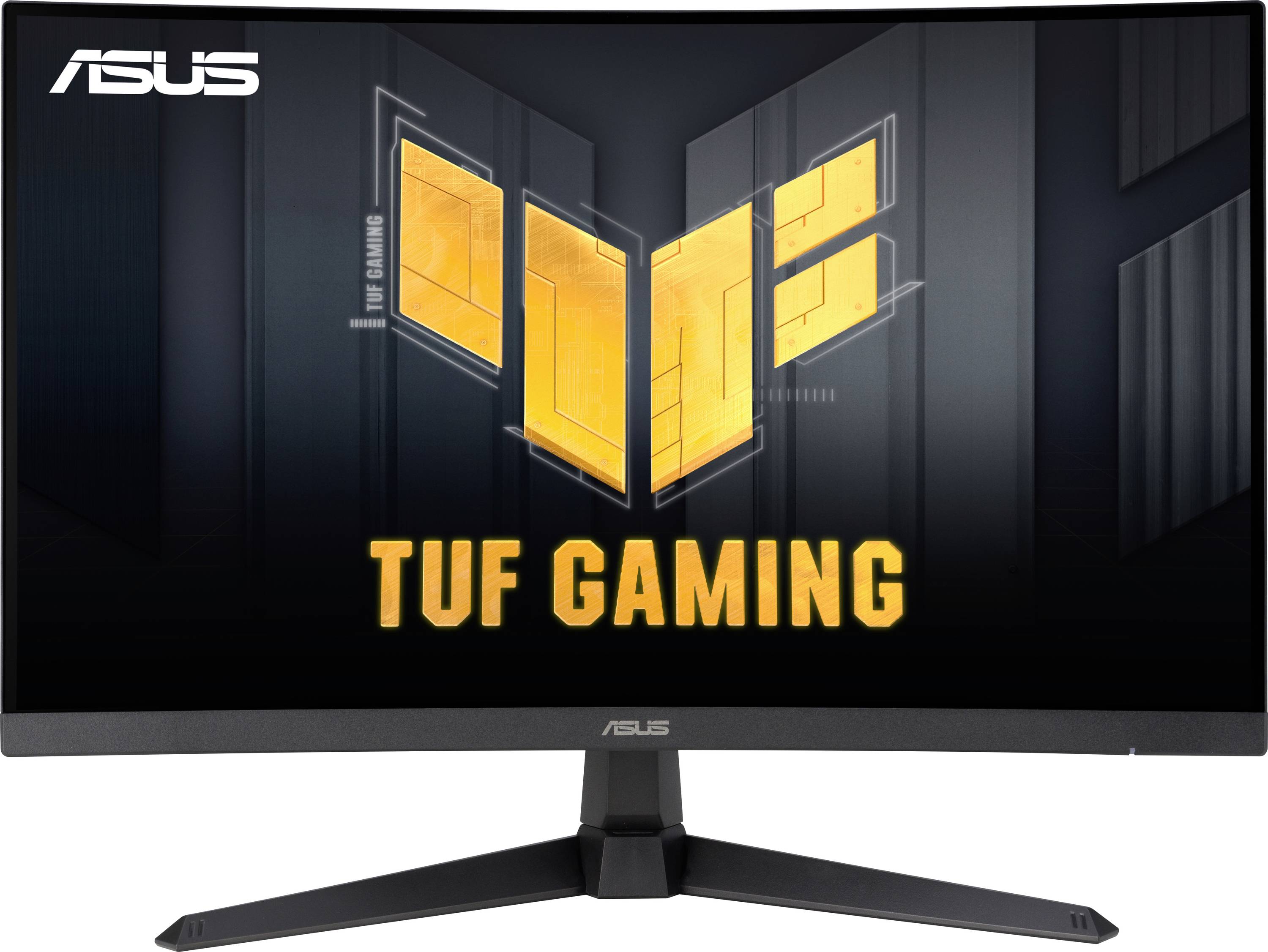 Monitor ASUS TUF Gaming s elegantním bezrámečkovým designem a robustním stojanem, s logem ASUS a textem 'TUF Gaming' na obrazovce.
