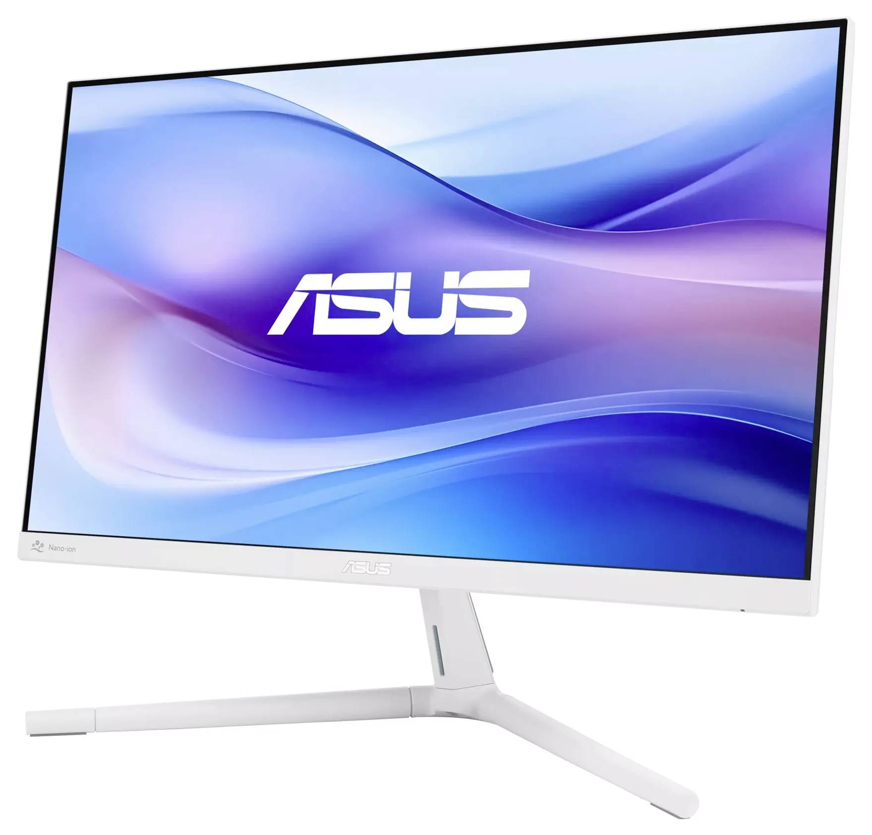 Elegantní, moderní monitor ASUS s tenkým rámečkem, umístěný na bílém stojanu, zobrazující tapetu s vlnitým vzorem v modré a fialové barvě.