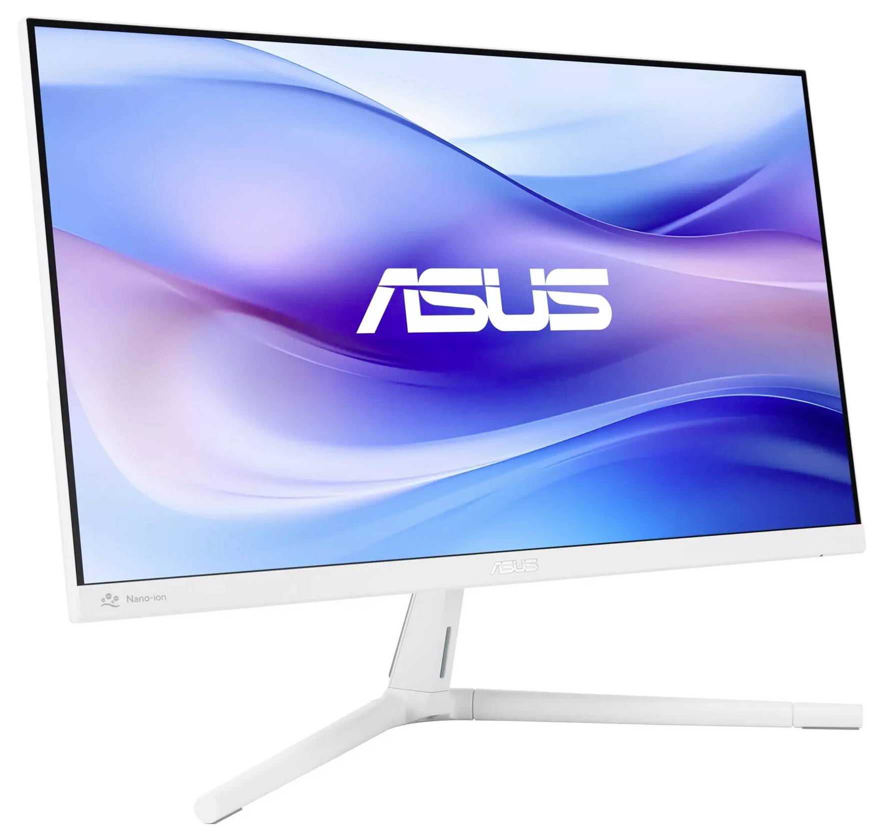 Monitor zobrazující modro-fialový vír s logem 'ASUS' uprostřed, s tenkým bílým rámečkem a stojanem.