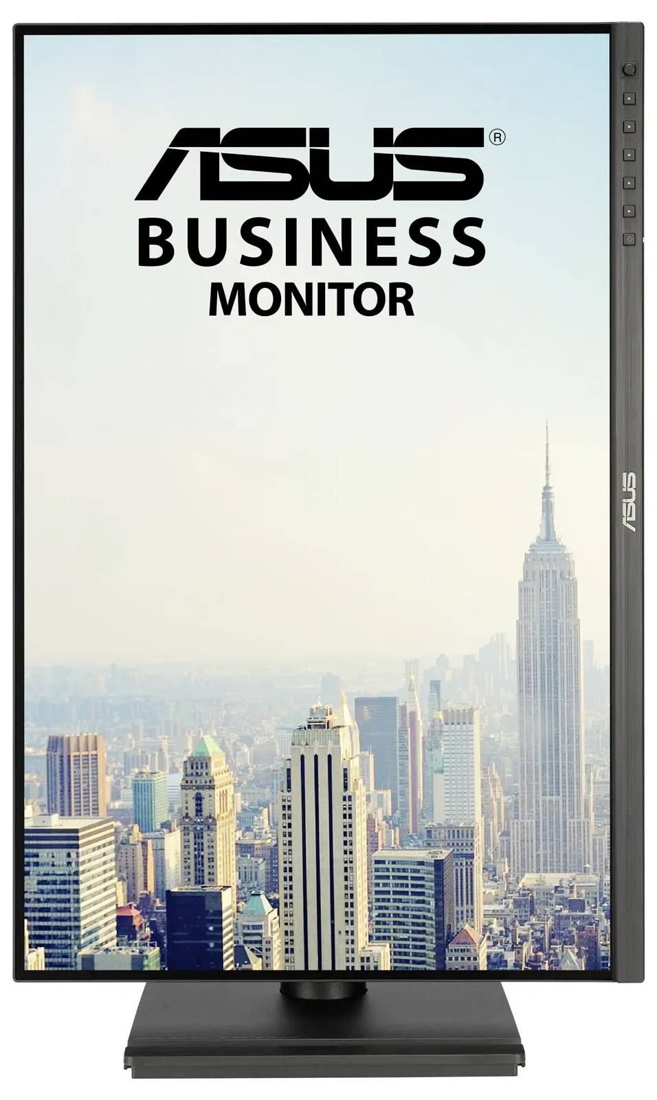 Vertikální obchodní monitor Asus zobrazuje pohled na městskou panorama s vysokými budovami pod jasnou oblohou.