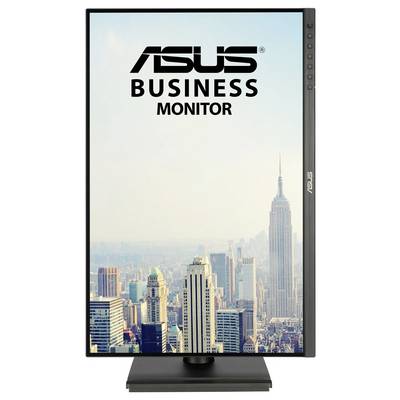 Vertikální obchodní monitor Asus zobrazuje pohled na městskou panorama s vysokými budovami pod jasnou oblohou.
