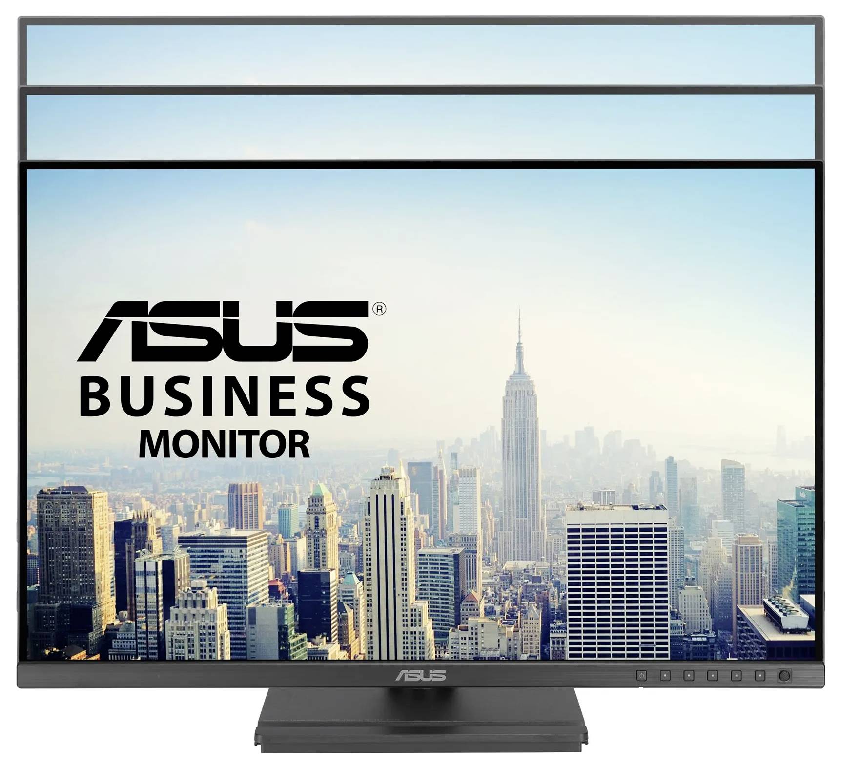 Monitor zobrazující panorama města s textem 'Obchodní monitor ASUS' na obrazovce; zdůrazňuje profesionální prostředí.