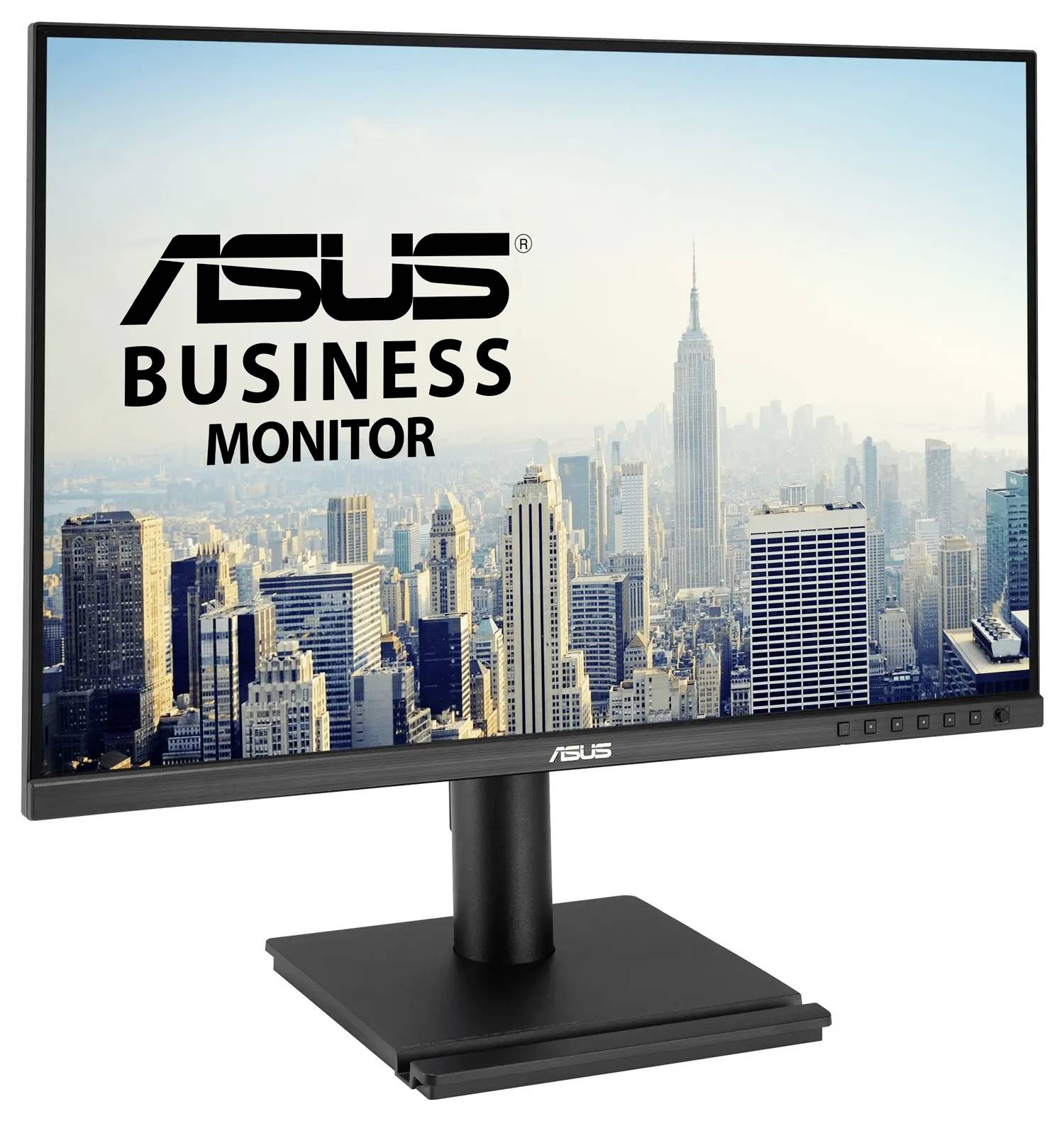Podnikatelský monitor ASUS zobrazující obraz městské panorama se mrakodrapy, včetně Empire State Building, na jeho obrazovce.